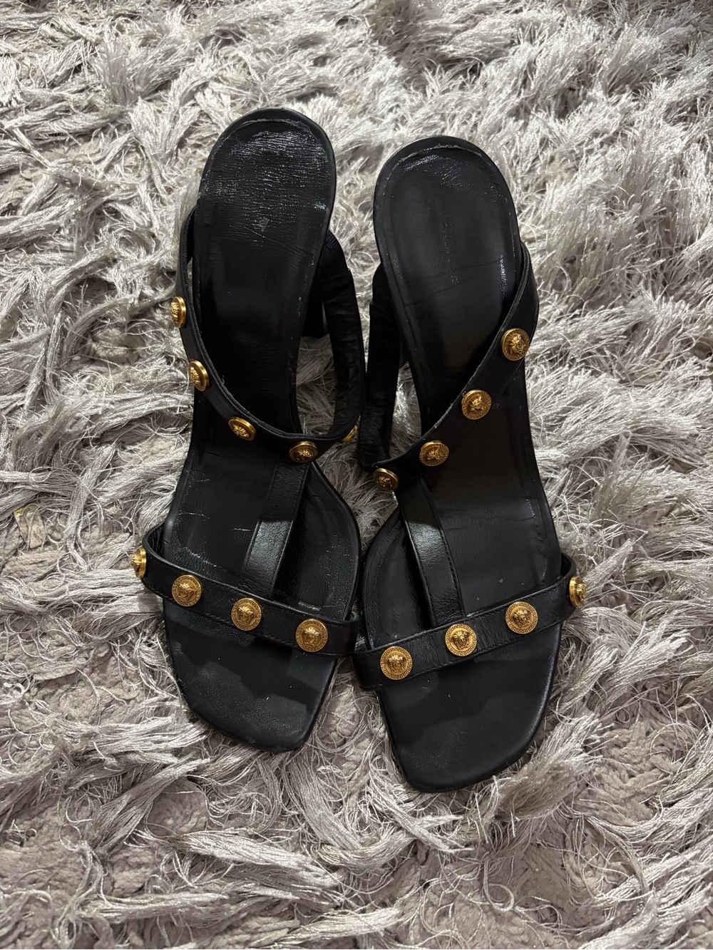 Versace Black Leather Slide Mules with Gold Medallion Accents